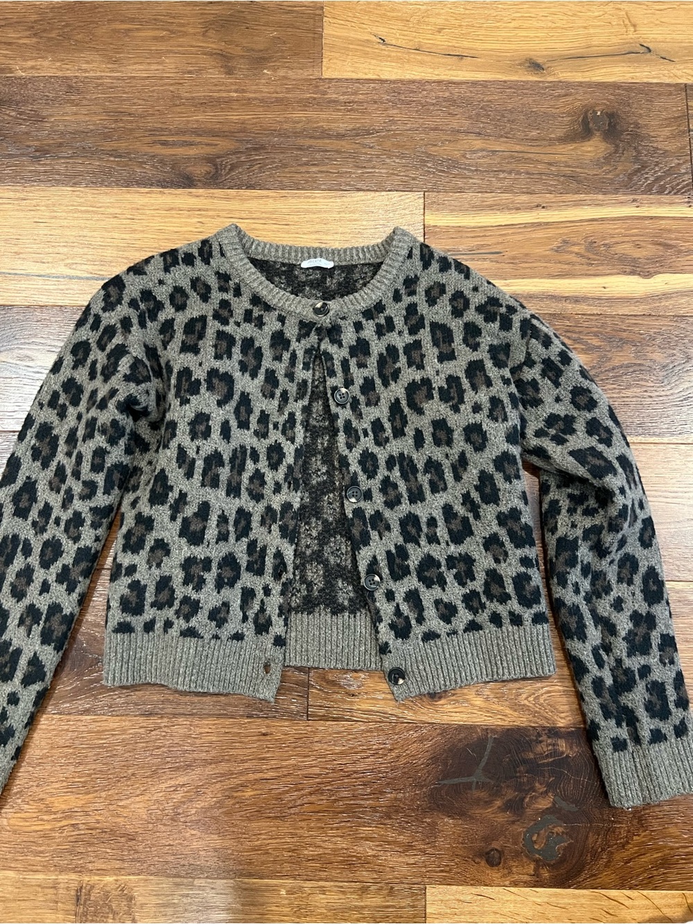 Leopard Print Crewneck Cardigan Sweater - Taupe/Black